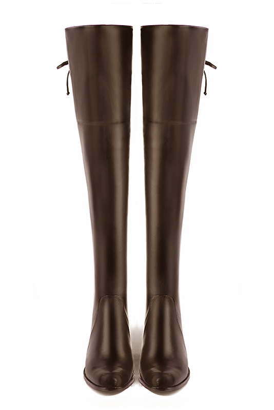 Dark brown women's leather thigh-high boots. Round toe. Low leather soles. Made to measure. Top view - Florence KOOIJMAN